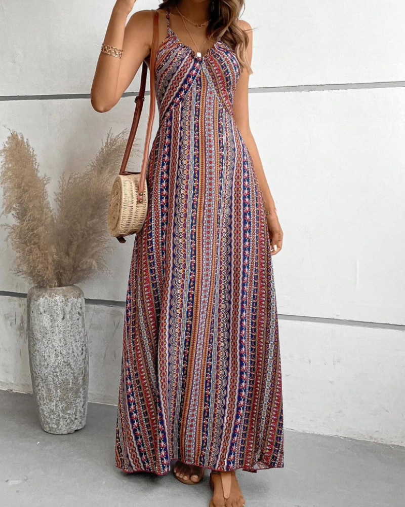 Vestido largo de mujer Maisie: escote en V, estampado étnico bohemio y diseño sin mangas