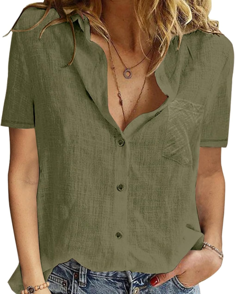 Mackenzie Chemisier pour femme – 100 % coton, col en V, manches courtes et boutons