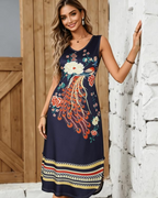 Emberly Women's Maxi Dress – Floral Peacock Print, V-Neck and A-Line Silhouette