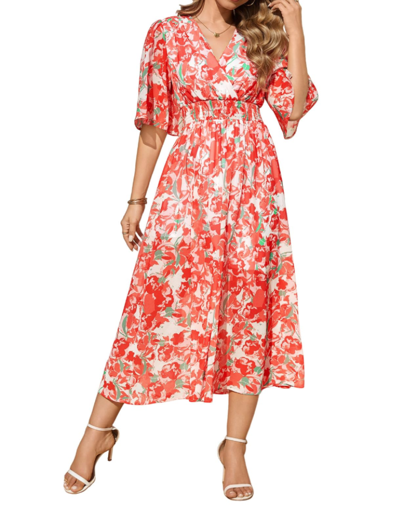 Vestido largo Cambria para mujer con estampado floral: escote en V, cintura elástica y mangas cortas
