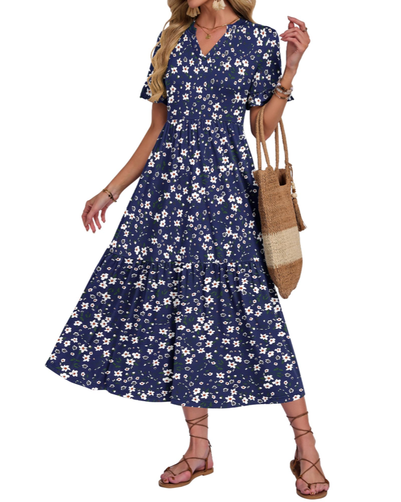 Tatum Women’s Long Dress – V-Neck, Ruffled Sleeves, Tiered Layers and Side Pockets