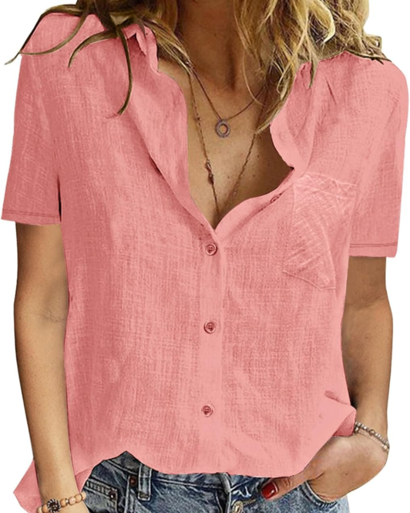 Mackenzie Chemisier pour femme – 100 % coton, col en V, manches courtes et boutons