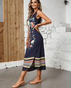 Emberly Women's Maxi Dress – Floral Peacock Print, V-Neck and A-Line Silhouette