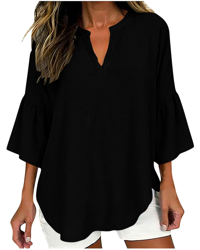 Miranda Blusa para mujer – Algodón y lino, escote en V, botones y corte oversize