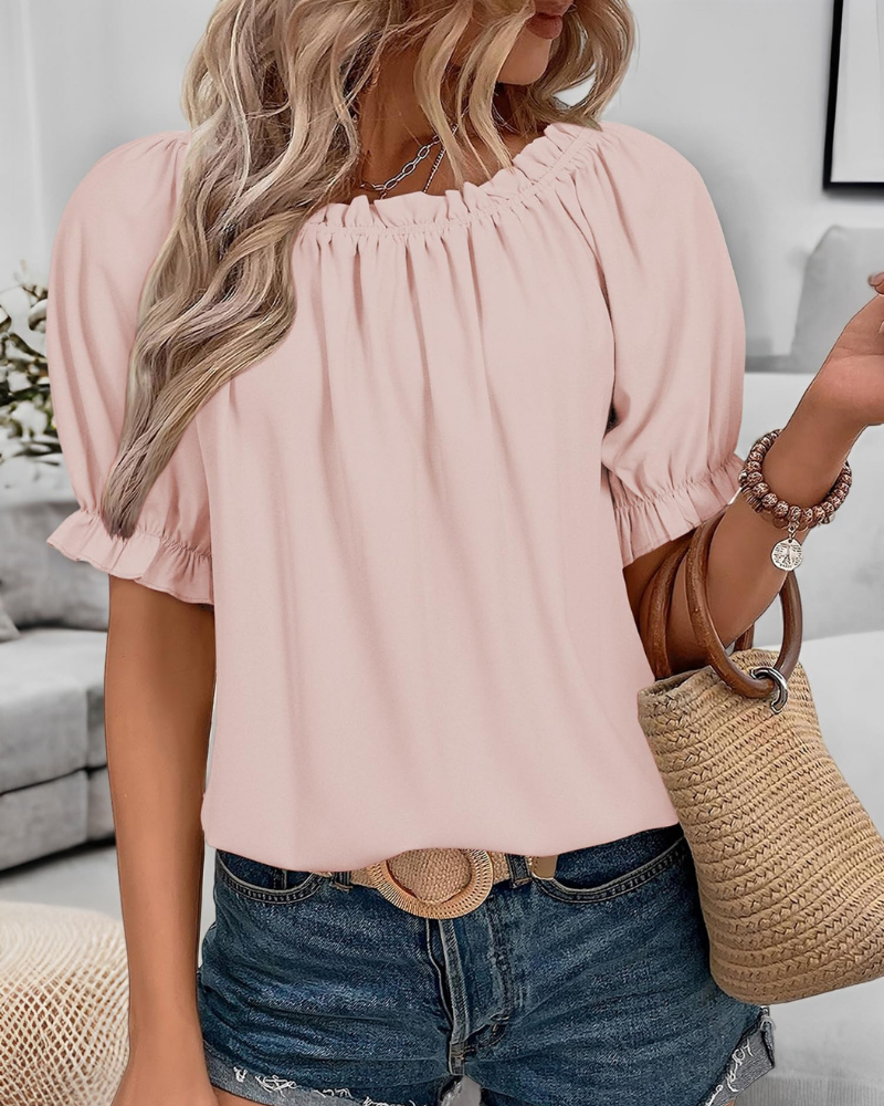 Felicity Blusa de mujer de gasa – Hombros descubiertos, volantes y mangas cortas