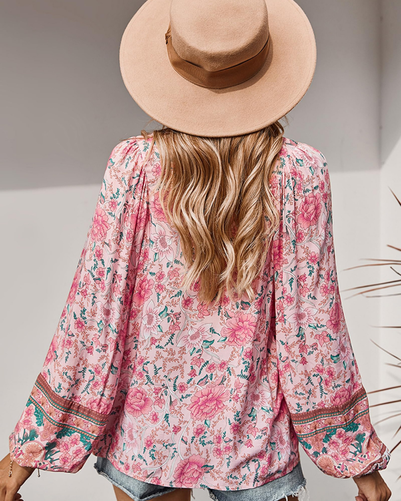 Evelyn Blouse Femme Bohème – Imprimé Floral, Col en V et Manches Bouffantes