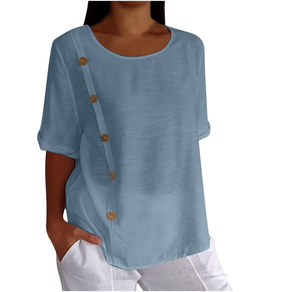 Henrietta Women's Floral Blouse – Cotton-Linen Blend, Short Sleeves and Loose Fit