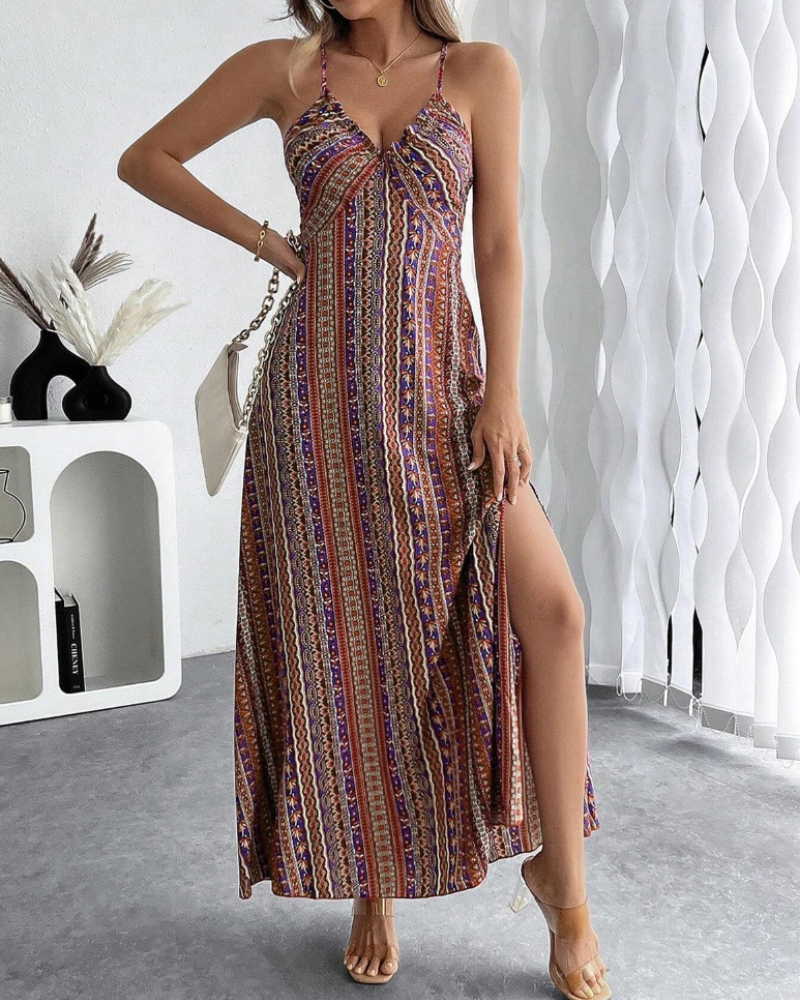 Vestido largo de mujer Maisie: escote en V, estampado étnico bohemio y diseño sin mangas