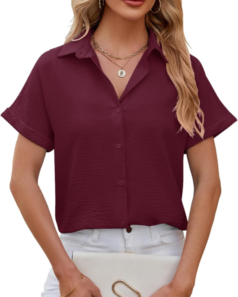 Allison Women’s Blouse – V-Neck, Short Sleeves, Buttons, and Rounded Hem