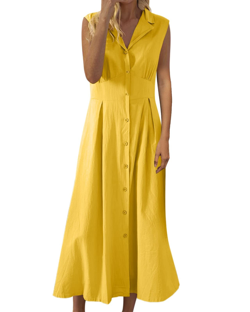 Women’s Summer Dress – Cotton and Linen, Sleeveless, Button-Down, Boho Style