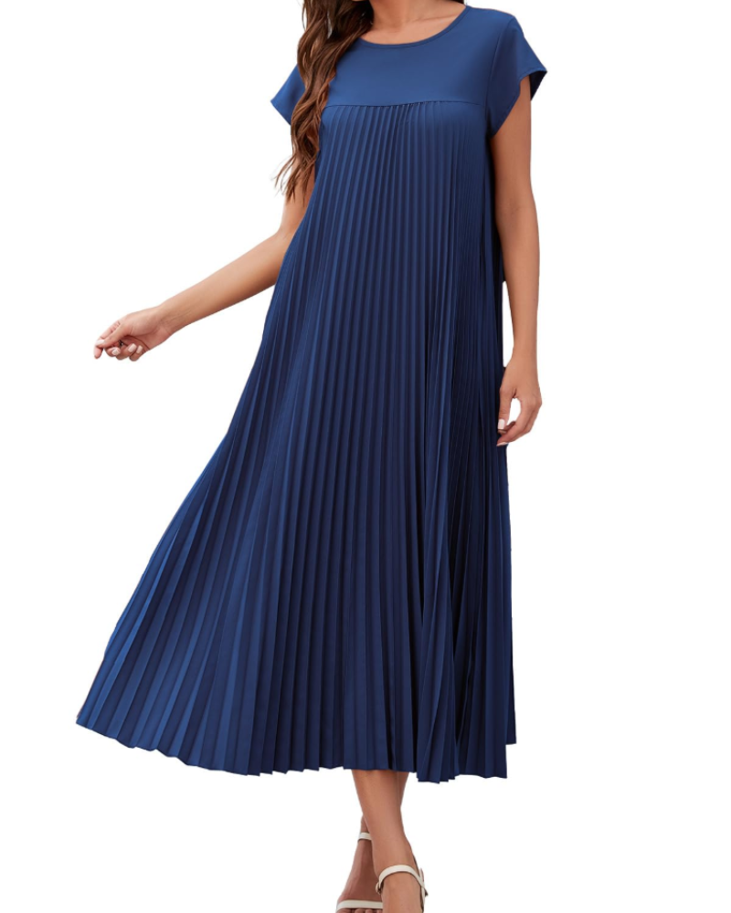 Kinley Women’s Maxi Dress – Pleated, Crew Neck, Solid Color, and Side Pockets