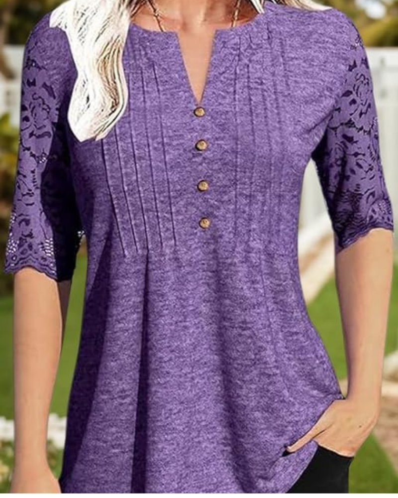 Megan Blusa Donna Estiva – Scollo a V, Pieghe, Bottoni e Dettagli in Pizzo