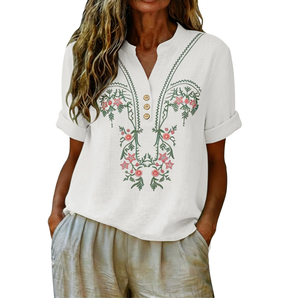 Agnes Women’s Linen Shirt – Floral Embroidery, Henley Neckline, and Short Sleeves