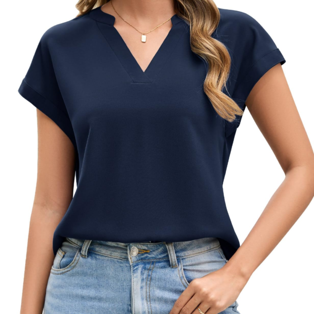 Daphne Women’s Summer Shirt – V-Neck Henley, Short Sleeves, and Loose Fit