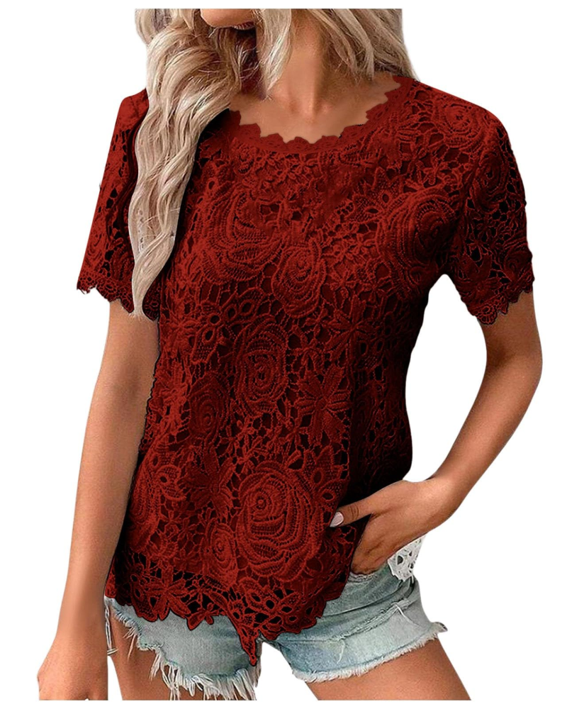 Rebecca Blusa de mujer – encaje elástico, cuello redondo y mangas cortas con volantes