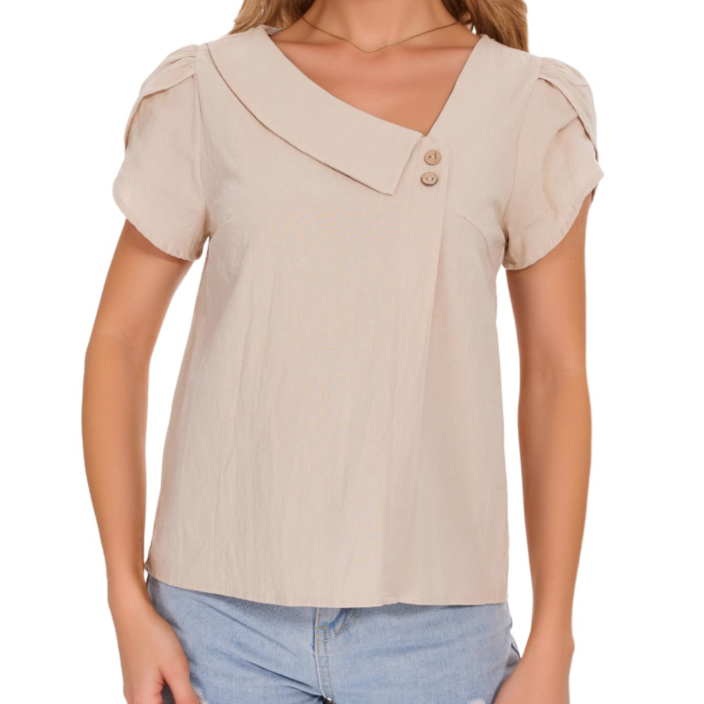 Margaret Women's Cotton Blouse – V-Neck, Petal Sleeves, and Relaxed Fit