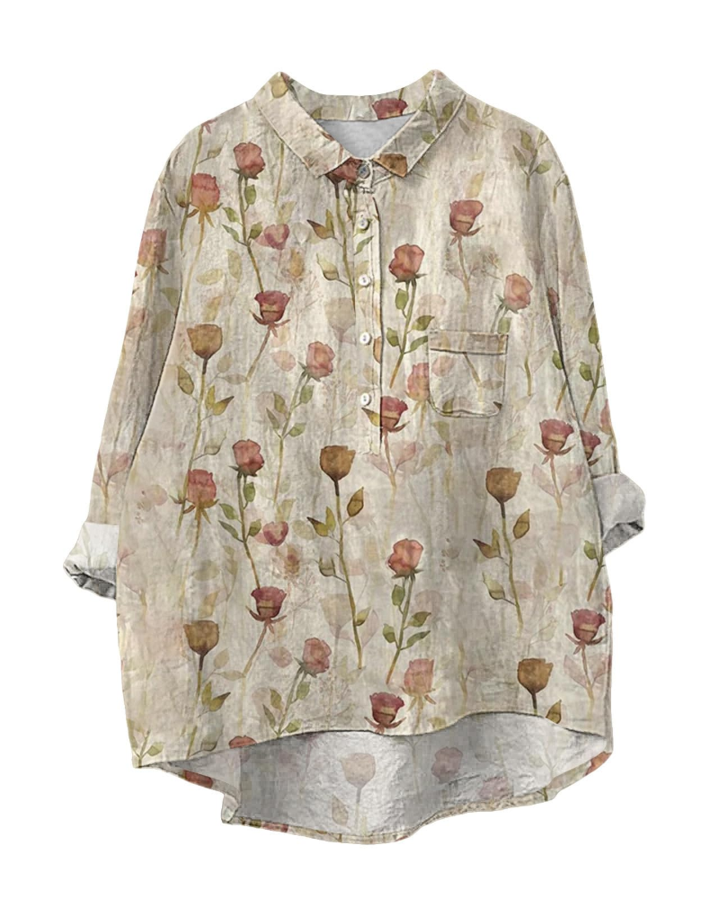 Camisa de mujer curvy Judith – Algodón y lino, estampado floral, botones y mangas largas