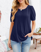 T-shirt femme Cecilia – Coton, imprimé floral, col rond plissé et manches courtes