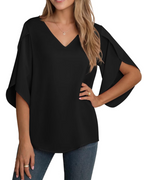 Cassidy damesbluse – chiffon, V-hals, 3/4-ermer med splitt og ensfarget design