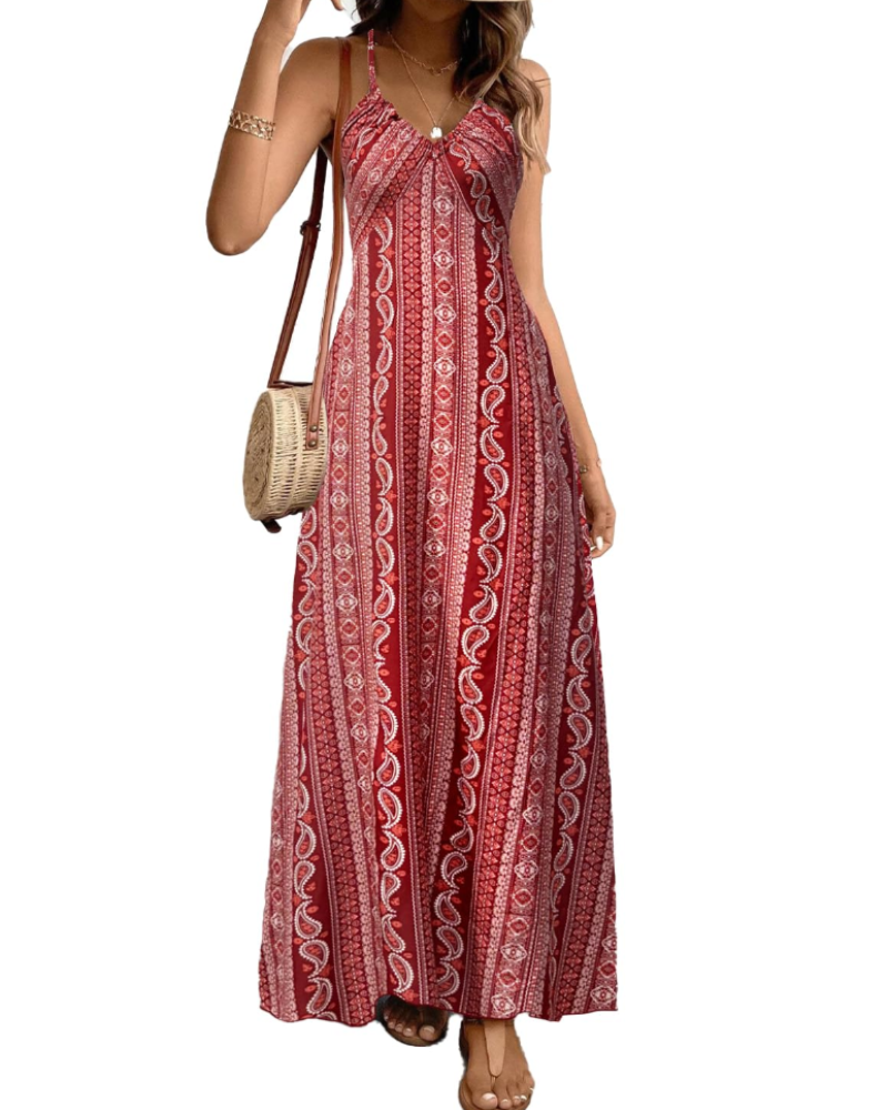 Maisie Women’s Maxi Dress – V-Neck, Boho Ethnic Print and Sleeveless Design