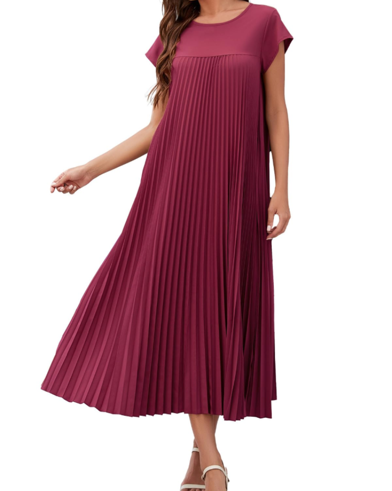 Kinley Women’s Maxi Dress – Pleated, Crew Neck, Solid Color, and Side Pockets