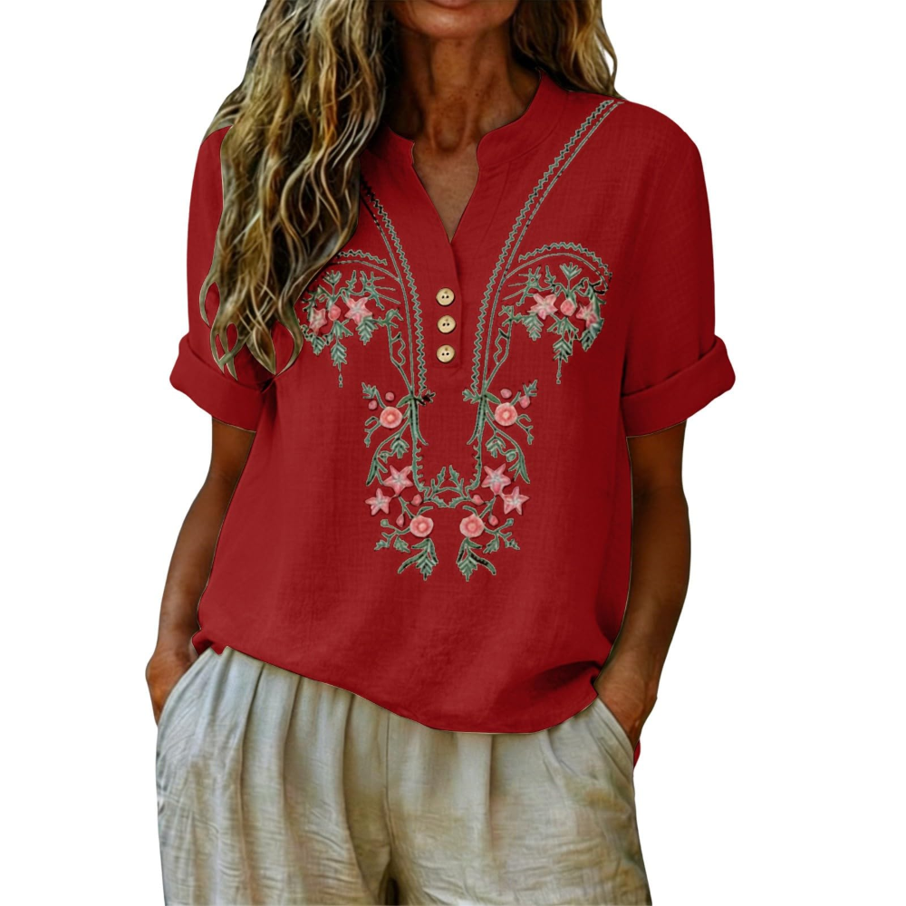 Agnes Women’s Linen Shirt – Floral Embroidery, Henley Neckline, and Short Sleeves