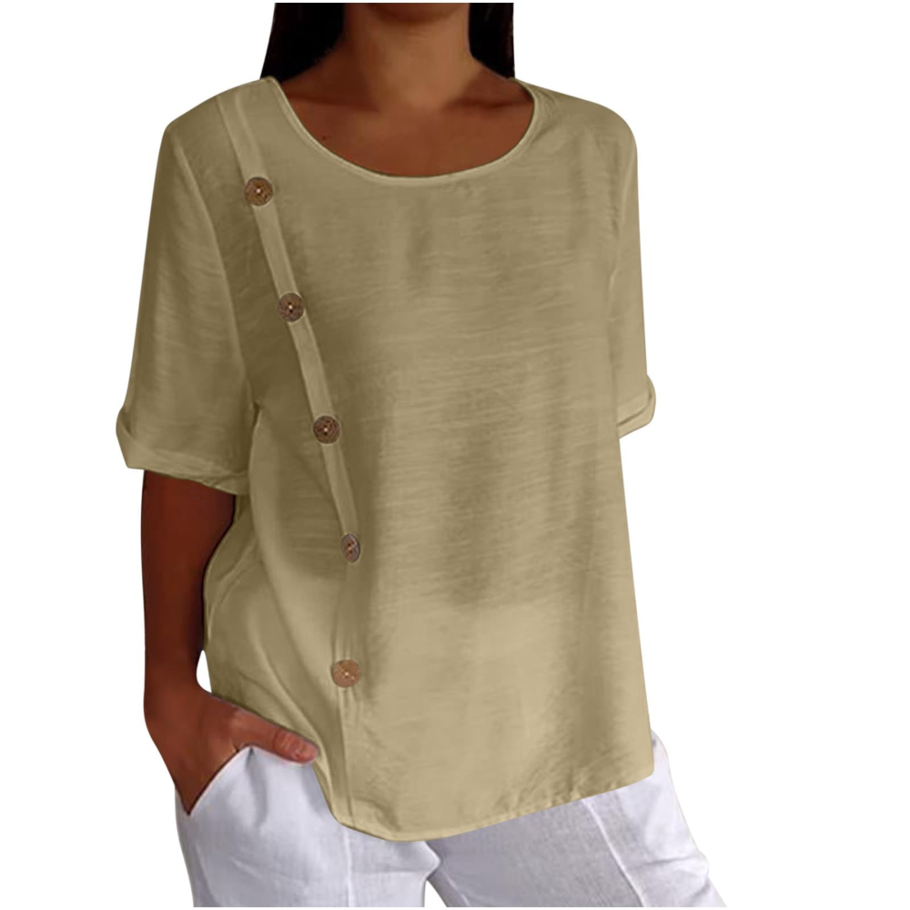 Henrietta Women's Floral Blouse – Cotton-Linen Blend, Short Sleeves and Loose Fit
