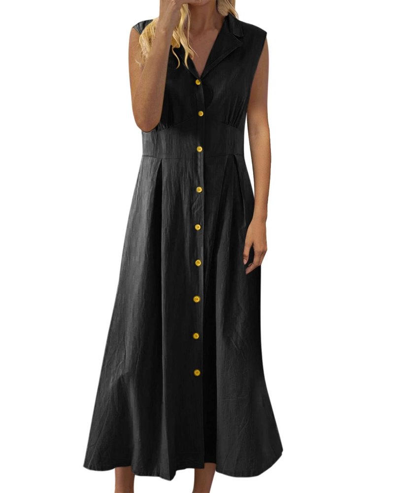 Women’s Summer Dress – Cotton and Linen, Sleeveless, Button-Down, Boho Style