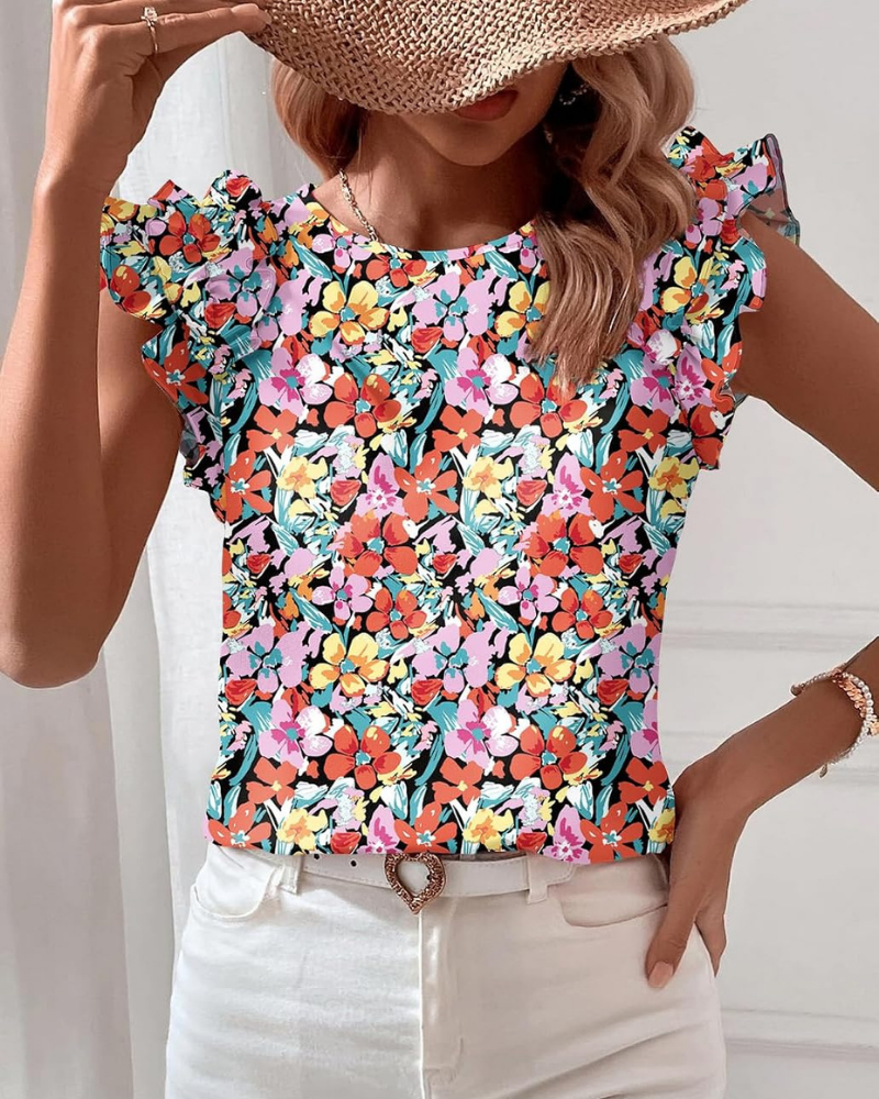 Fiona sommerbluse for dame – boho-blomstermønster, volanger og korte ermer
