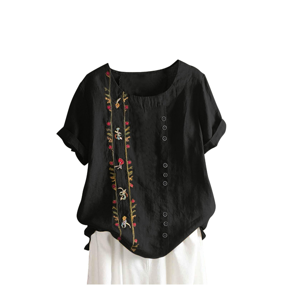 Florence Women’s Cotton and Linen Top – Short Sleeves, Front Buttons, and Breathable Tunic