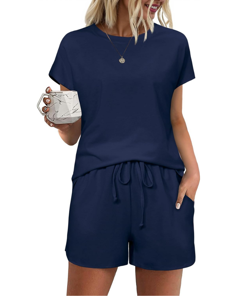 Sadie Damen-Sommerpyjama – Baumwollset mit T-Shirt und Shorts mit Kordelzug