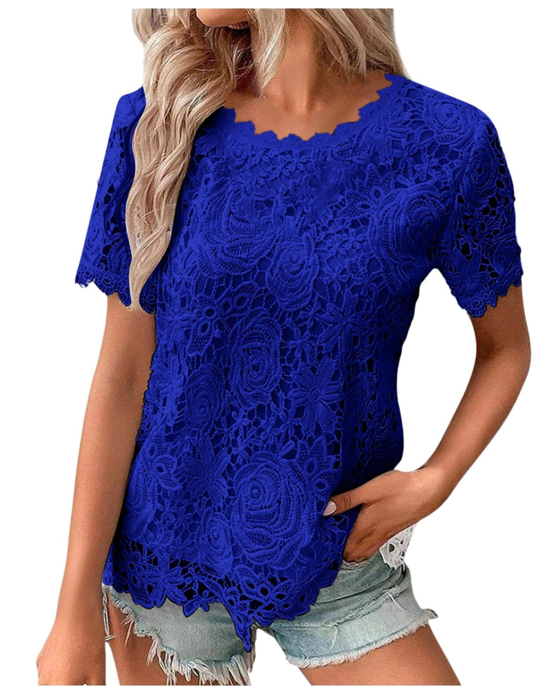 Rebecca Blusa de mujer – encaje elástico, cuello redondo y mangas cortas con volantes