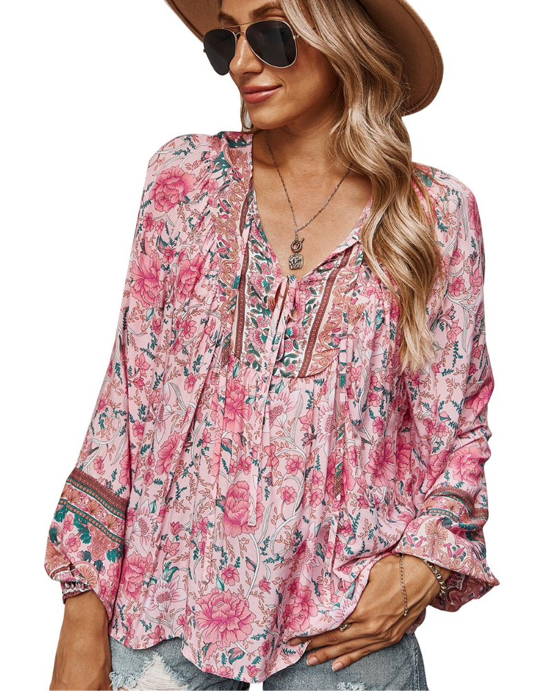 Evelyn Blouse Femme Bohème – Imprimé Floral, Col en V et Manches Bouffantes