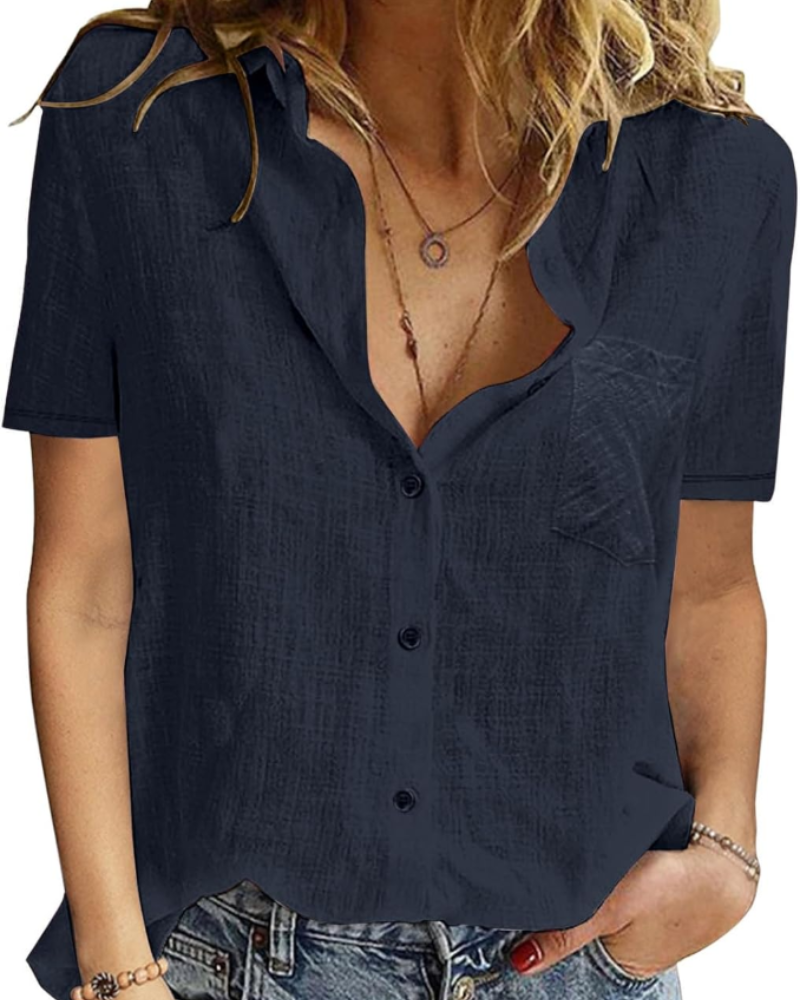 Mackenzie Chemisier pour femme – 100 % coton, col en V, manches courtes et boutons