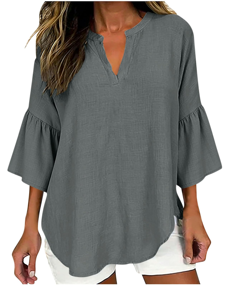 Miranda Blusa para mujer – Algodón y lino, escote en V, botones y corte oversize