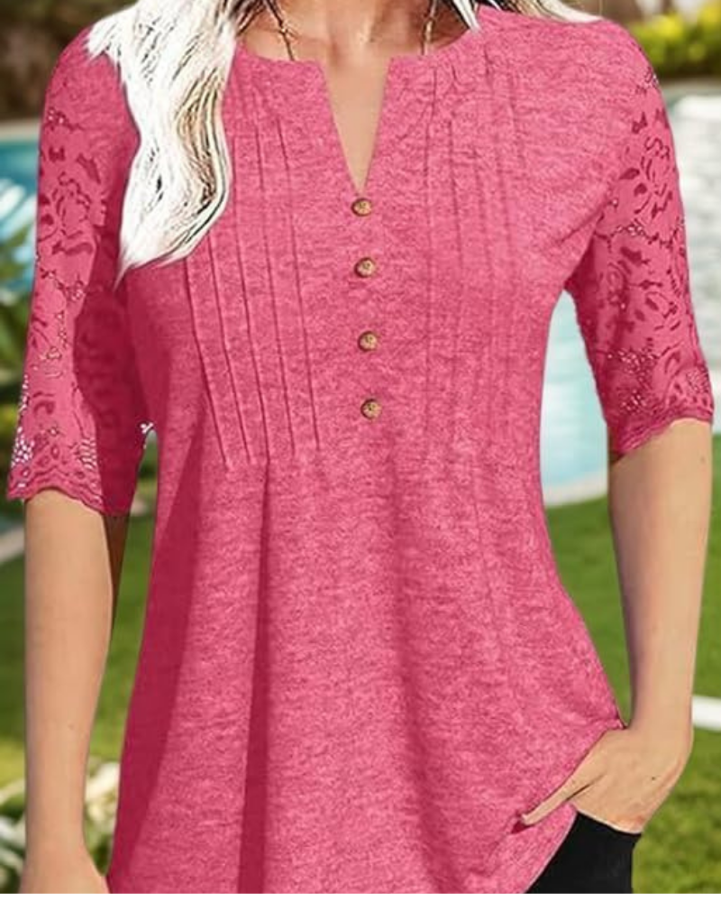 Megan Blusa Donna Estiva – Scollo a V, Pieghe, Bottoni e Dettagli in Pizzo