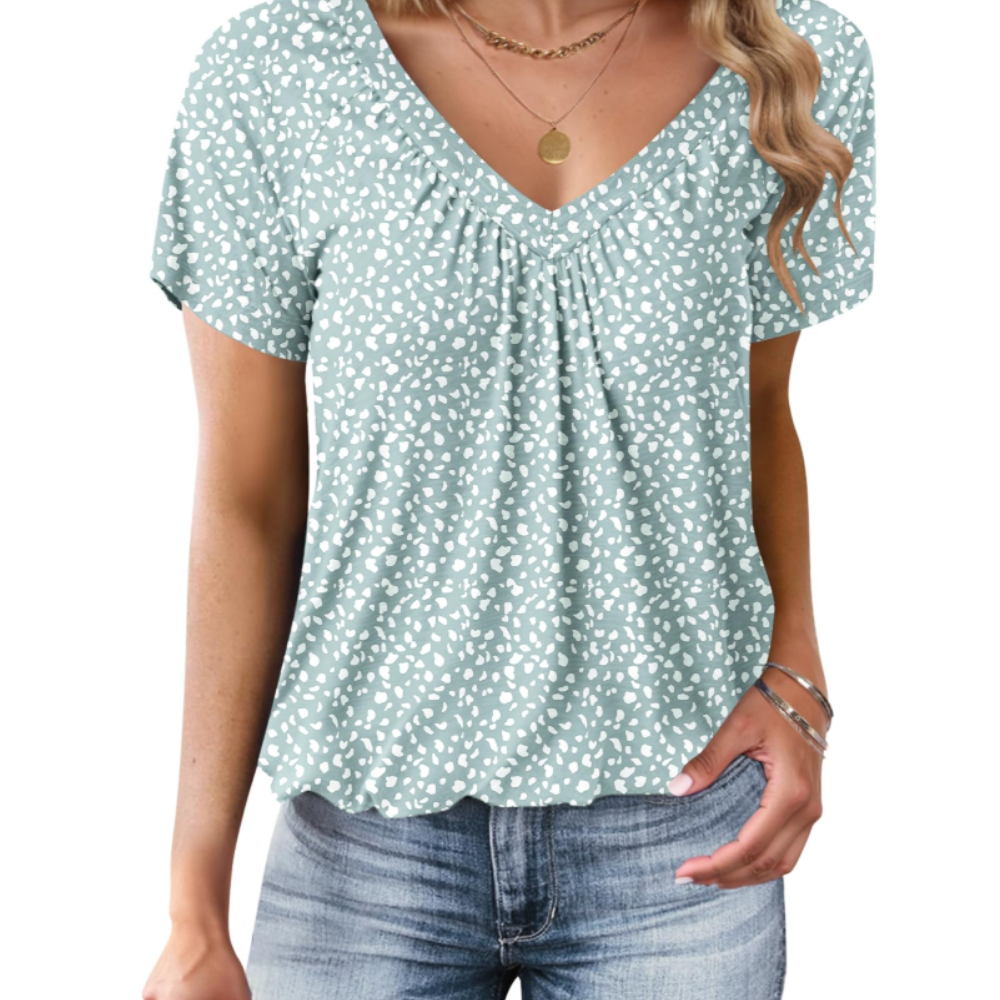 Harriet Women’s Summer T-Shirt – Pleated V-Neck, Short Sleeves and Balloon Hem