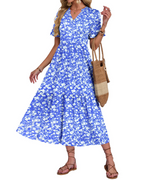 Tatum Women’s Long Dress – V-Neck, Ruffled Sleeves, Tiered Layers and Side Pockets