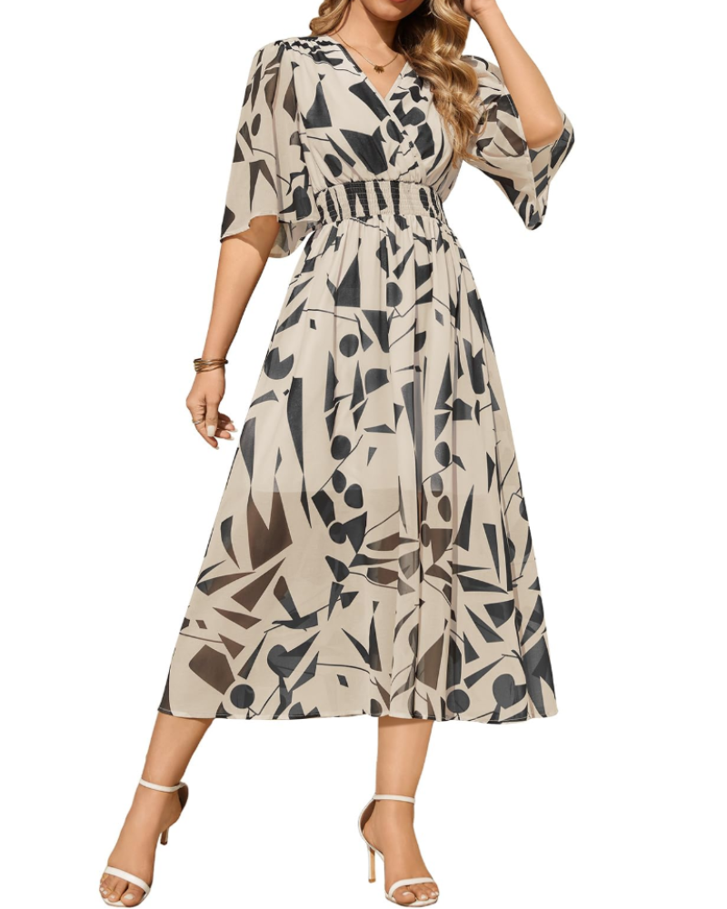 Vestido largo Cambria para mujer con estampado floral: escote en V, cintura elástica y mangas cortas