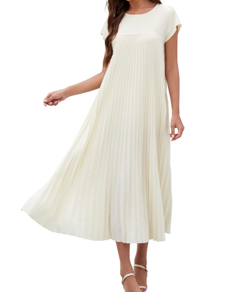 Kinley Women’s Maxi Dress – Pleated, Crew Neck, Solid Color, and Side Pockets