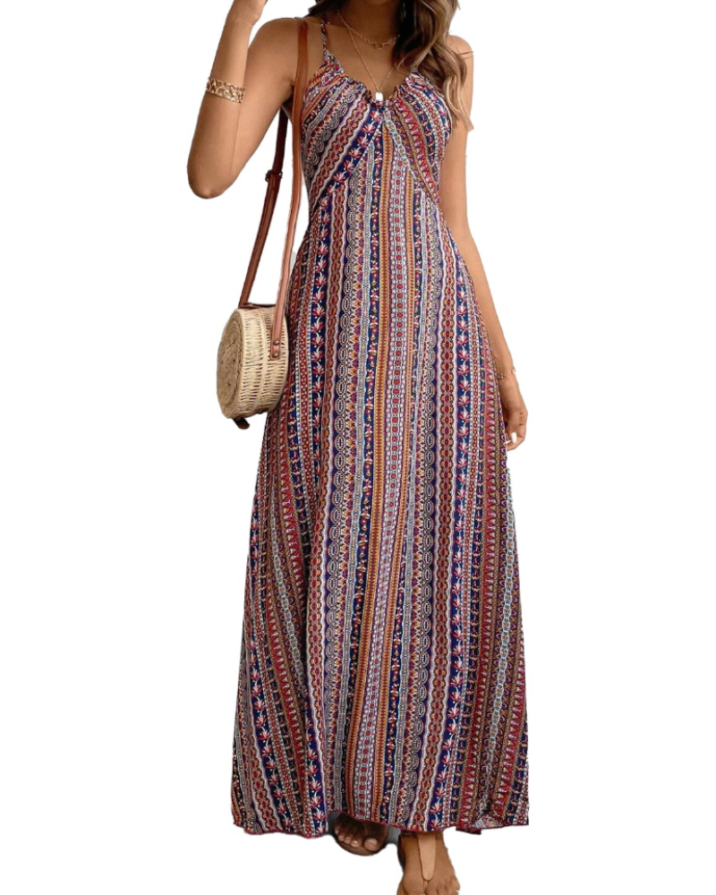 Maisie Women’s Maxi Dress – V-Neck, Boho Ethnic Print and Sleeveless Design