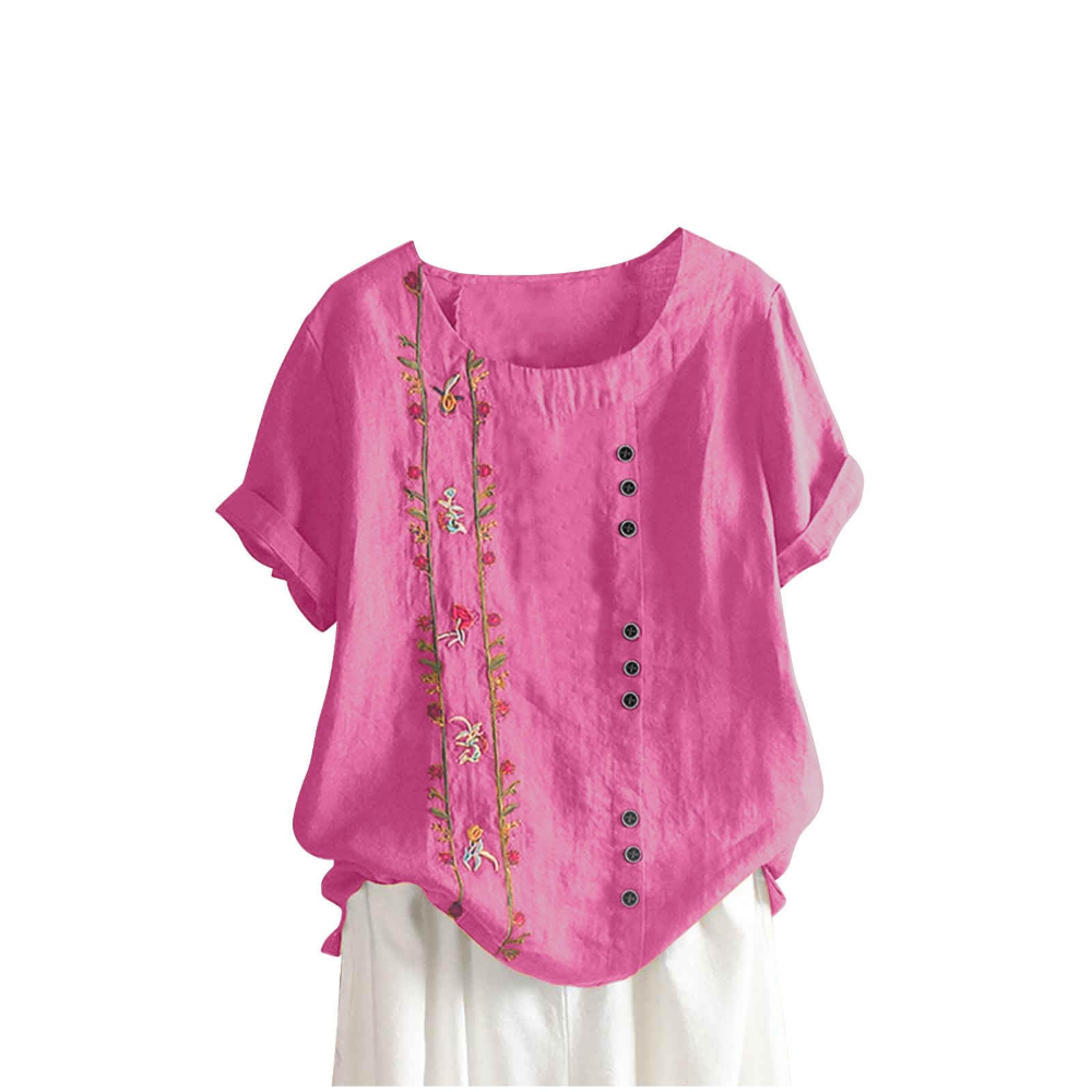 Florence Women’s Cotton and Linen Top – Short Sleeves, Front Buttons, and Breathable Tunic