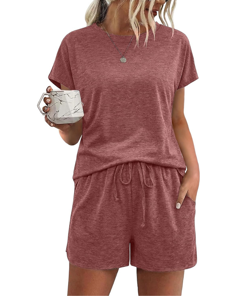 Sadie Damen-Sommerpyjama – Baumwollset mit T-Shirt und Shorts mit Kordelzug