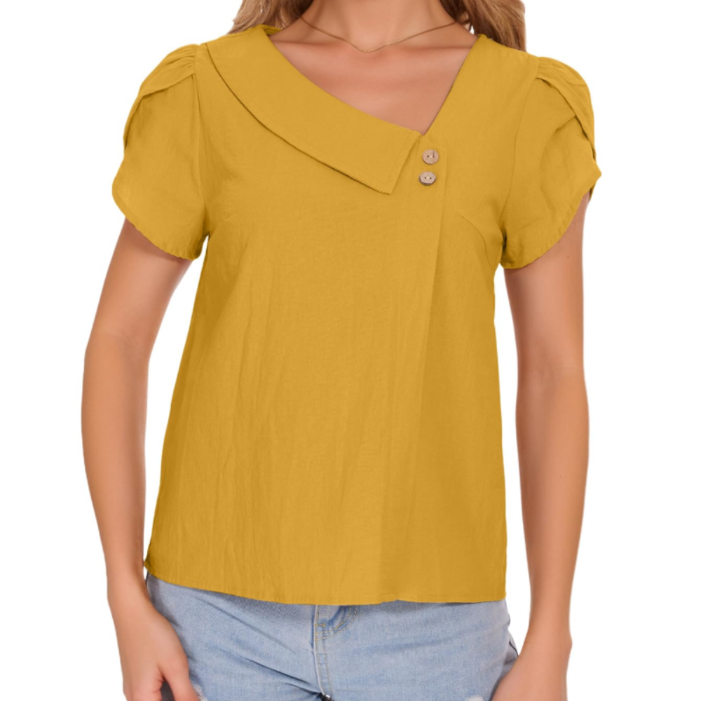Margaret Women's Cotton Blouse – V-Neck, Petal Sleeves, and Relaxed Fit