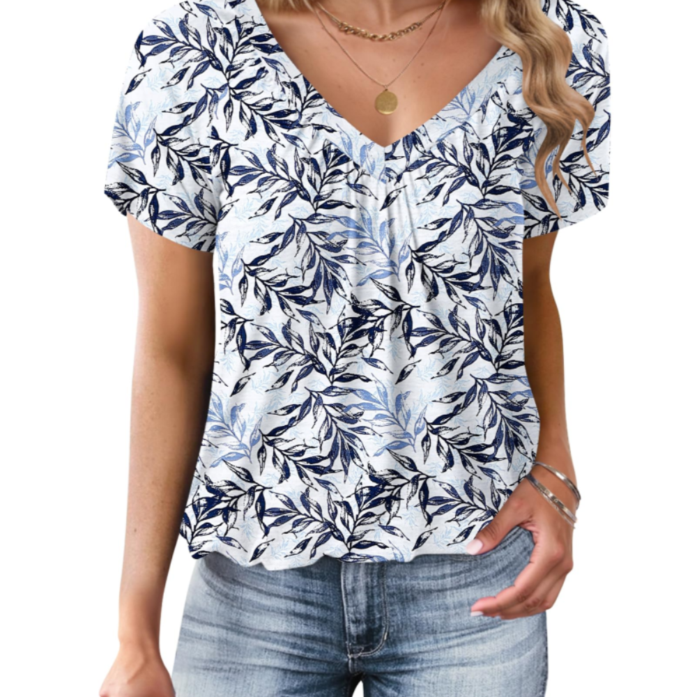 Harriet Women’s Summer T-Shirt – Pleated V-Neck, Short Sleeves and Balloon Hem