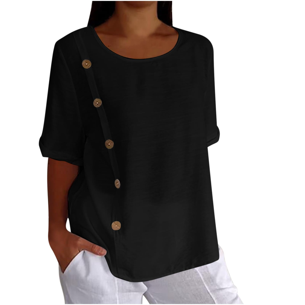 Henrietta Women's Floral Blouse – Cotton-Linen Blend, Short Sleeves and Loose Fit