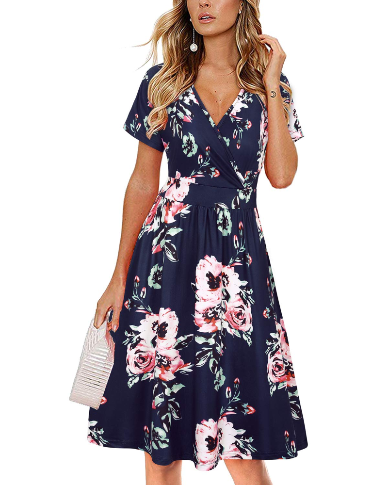 Aveline Vestido midi para mujer – cruzado, escote en V, cintura plisada y bolsillos