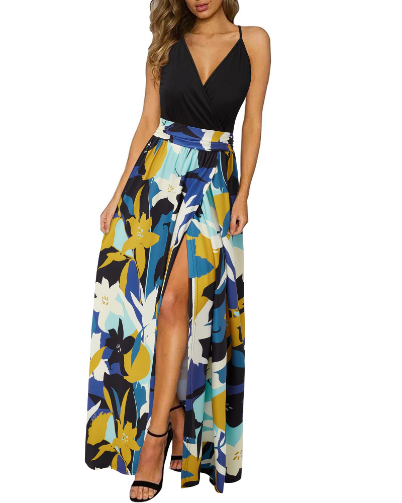 Savannah Women’s Maxi Dress – Floral Print, V-Neck, Adjustable Straps and Slits