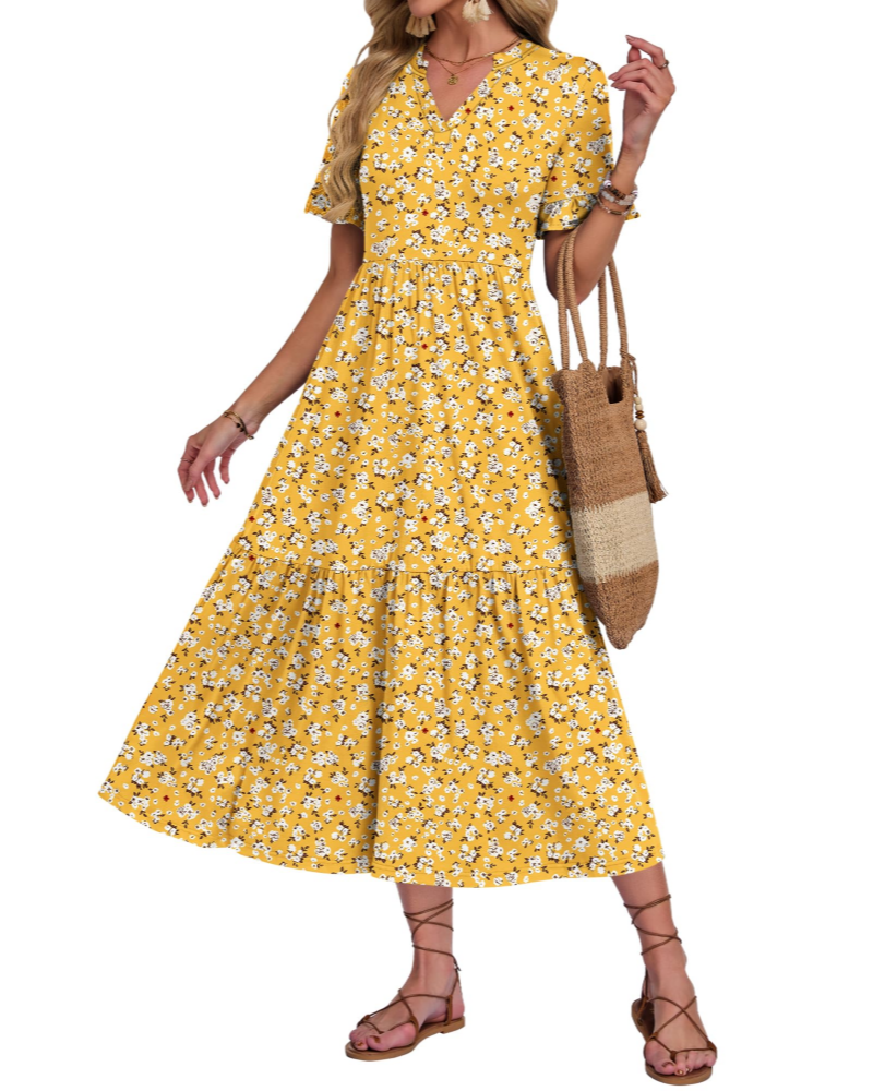 Tatum Women’s Long Dress – V-Neck, Ruffled Sleeves, Tiered Layers and Side Pockets