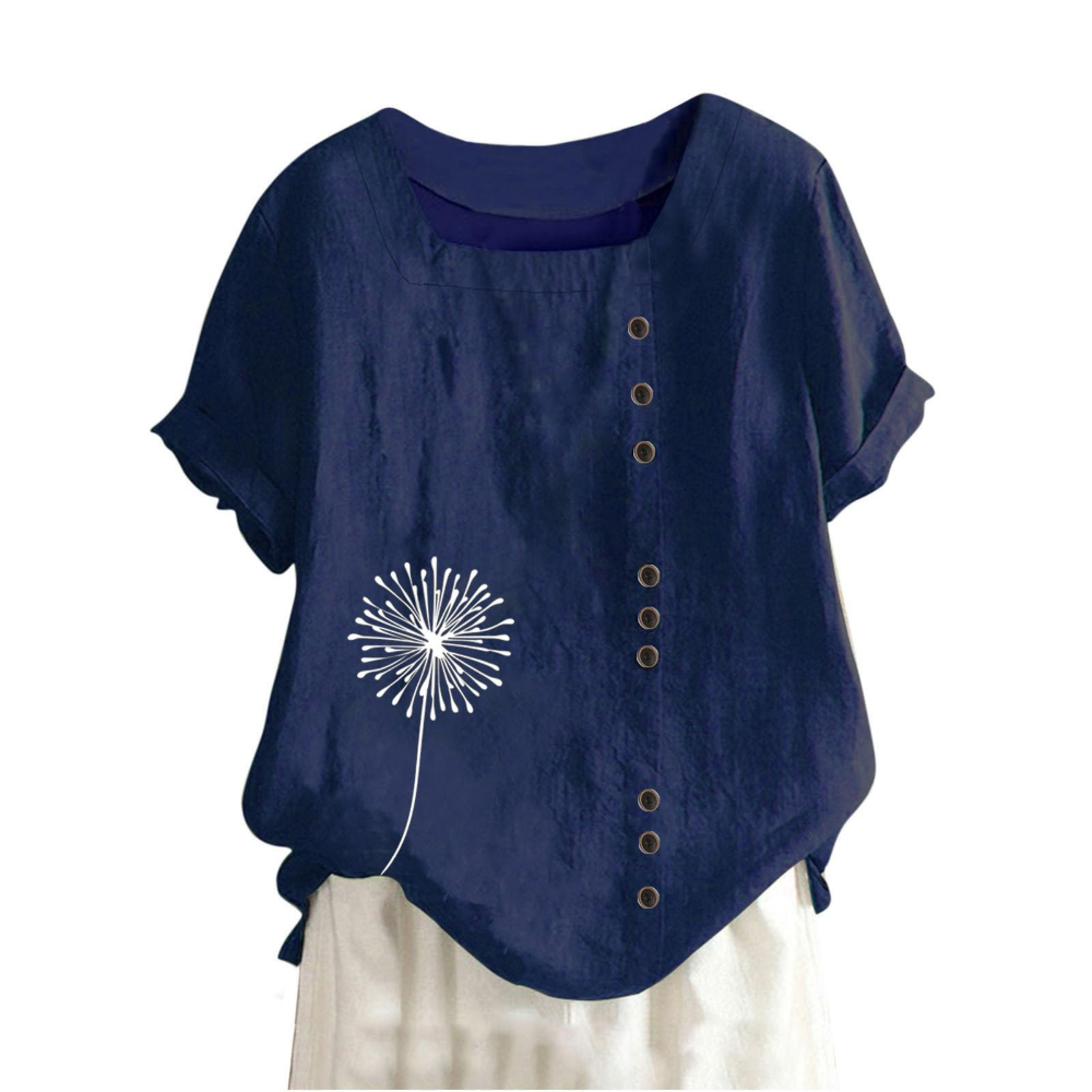 Elaine Camiseta de mujer de verano – Algodón y lino, estampado floral y corte holgado